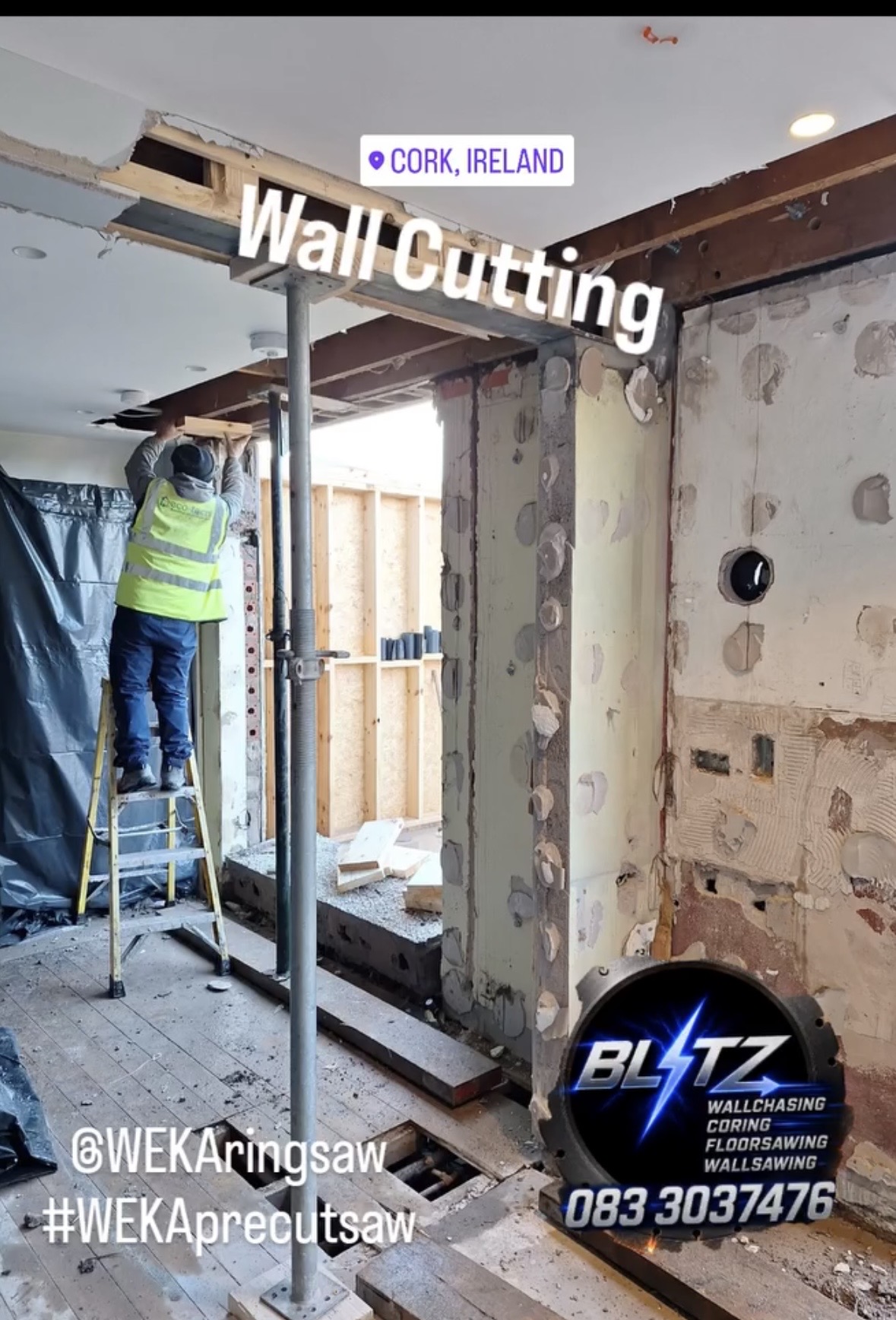 Wall cutting in progress — large structural opening through a load-bearing wall, Cork